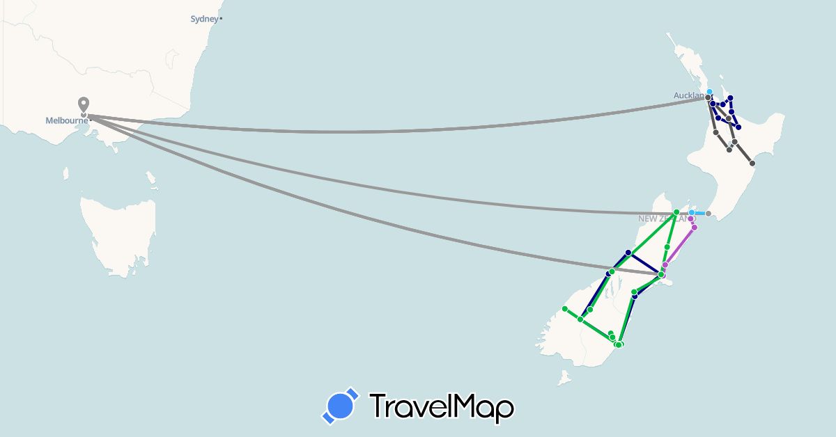 TravelMap itinerary: driving, bus, plane, train, boat, motorbike in Australia, New Zealand (Oceania)