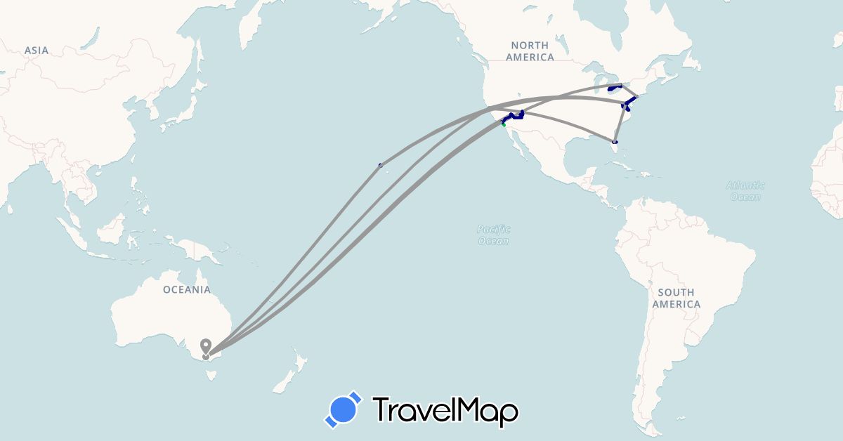 TravelMap itinerary: driving, bus, plane in Australia, Canada, United States (North America, Oceania)