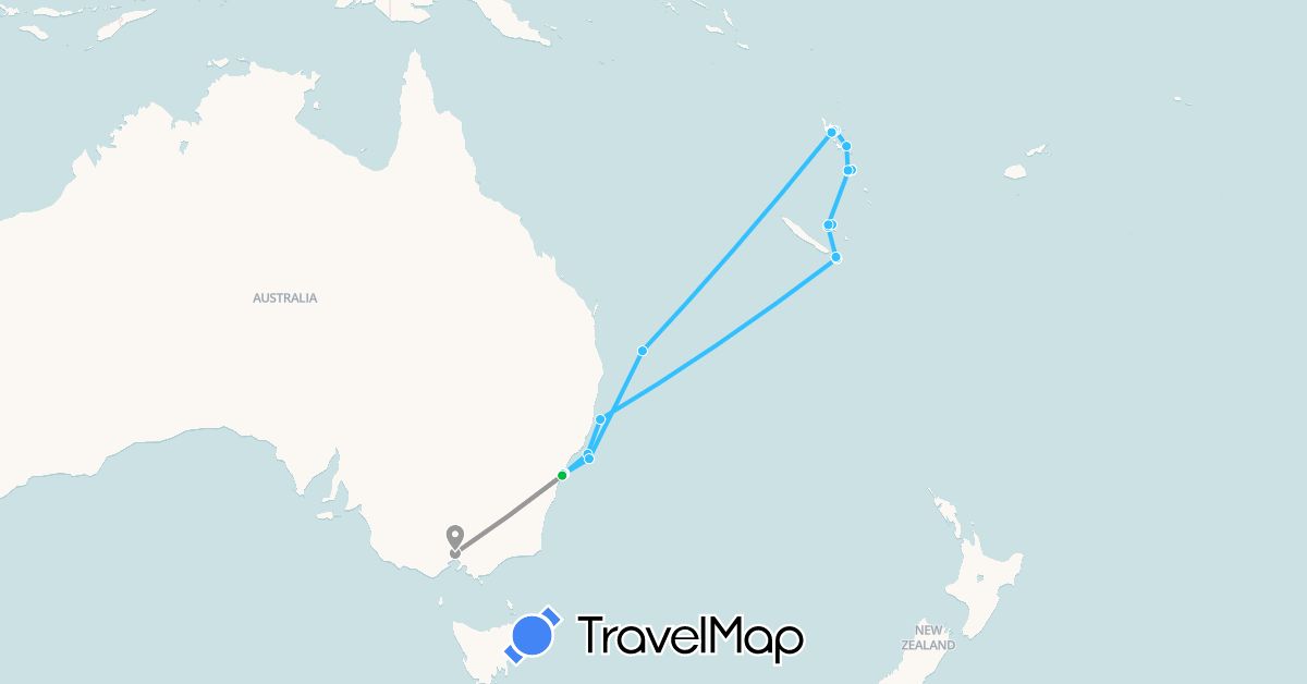TravelMap itinerary: driving, bus, plane, boat in Australia, France, Vanuatu (Europe, Oceania)